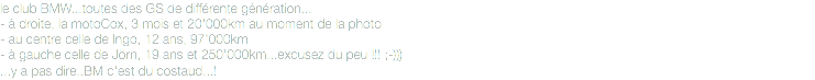 le club BMW...toutes des GS de différente génération...
- à droite, la motoCox, 3 mois et 20'000km au moment de la photo
- au centre celle de Ingo, 12 ans, 97'000km
- à gauche celle de Jörn, 19 ans et 250'000km...excusez du peu !!! ;-)))
...y a pas dire..BM c'est du costaud...!