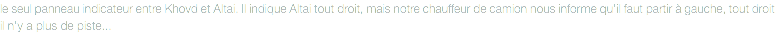le seul panneau indicateur entre Khovd et Altai. Il indique Altai tout droit, mais notre chauffeur de camion nous informe qu'il faut partir à gauche, tout droit il n'y a plus de piste...