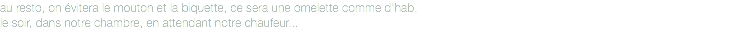 au resto, on évitera le mouton et la biquette, ce sera une omelette comme d'hab.
le soir, dans notre chambre, en attendant notre chaufeur...
