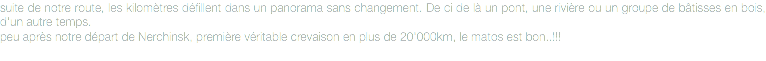 suite de notre route, les kilomètres défillent dans un panorama sans changement. De ci de là un pont, une rivière ou un groupe de bâtisses en bois, d'un autre temps.
peu après notre départ de Nerchinsk, première véritable crevaison en plus de 20'000km, le matos est bon..!!!