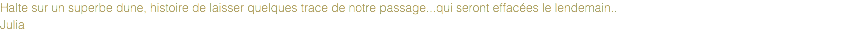 Halte sur un superbe dune, histoire de laisser quelques trace de notre passage...qui seront effacées le lendemain..
Julia