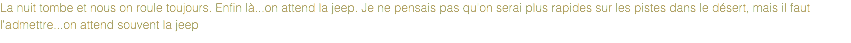 La nuit tombe et nous on roule toujours. Enfin là...on attend la jeep. Je ne pensais pas qu'on serai plus rapides sur les pistes dans le désert, mais il faut l'admettre...on attend souvent la jeep